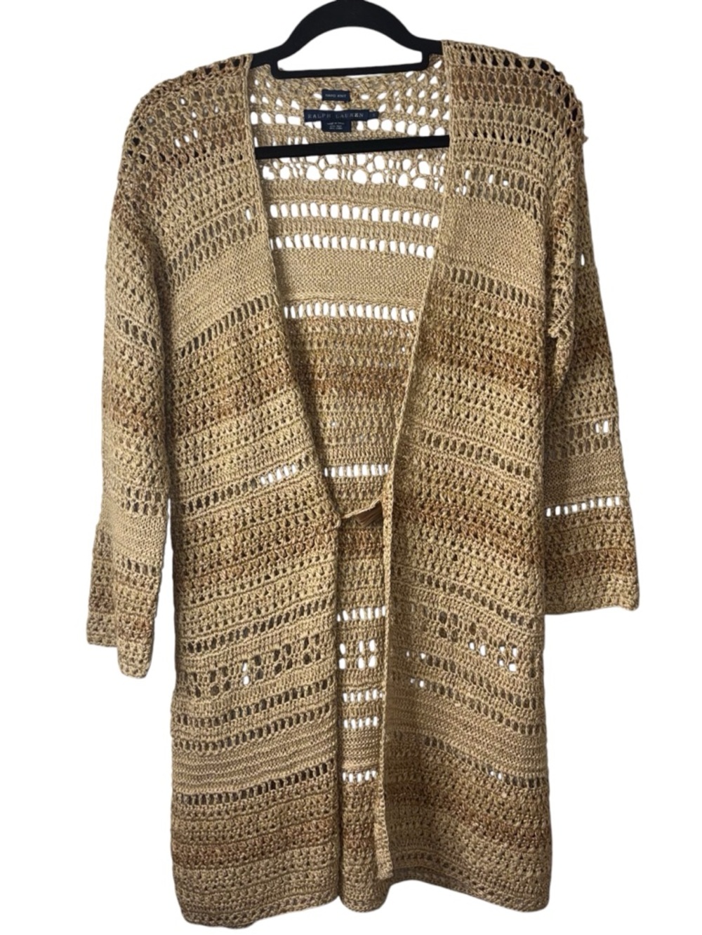 Vintage Ralph Lauren Open-Knit Long Cardigan Hand Knit Silk Linen Blend Size S